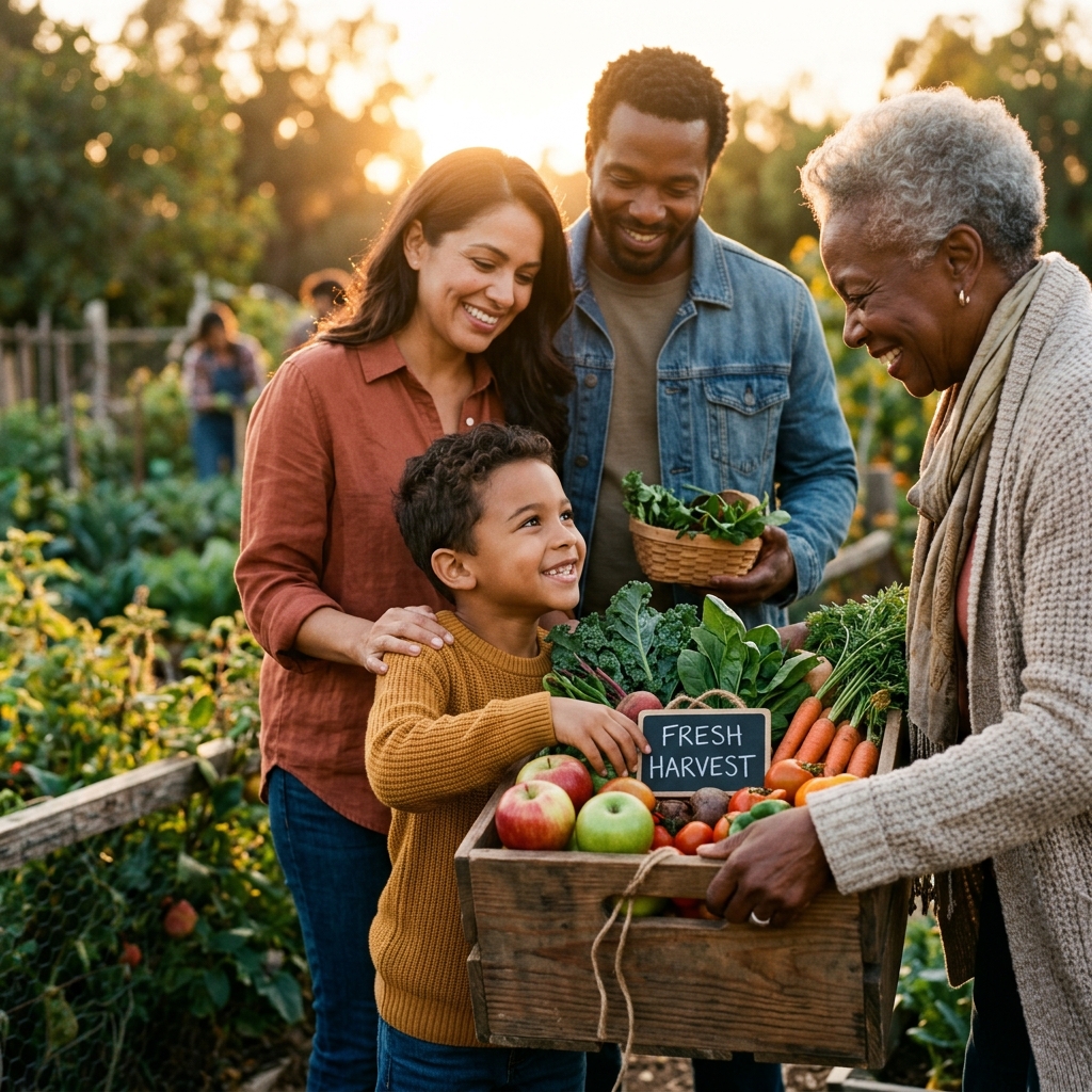 Family receiving a box of fresh produce